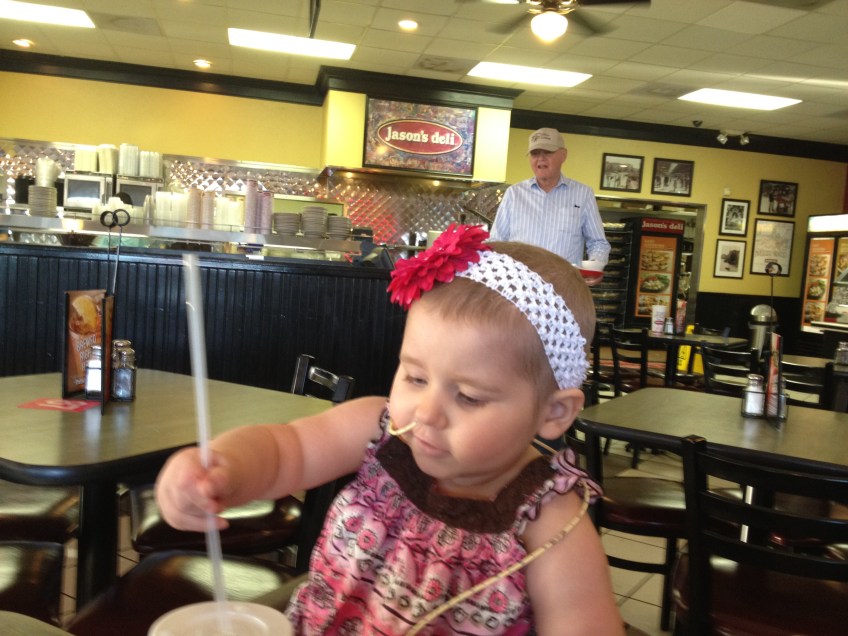 Phoebe's Great-Grandparents treat her to a yummy lunch at Jason's Deli.