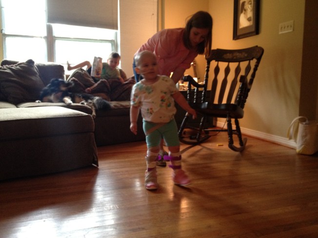 Phoebe walks during Physical Therapy at home on Monday
