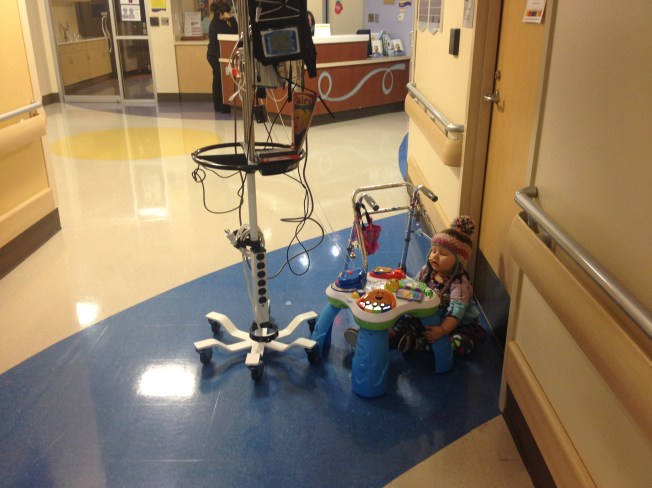 The play room at the hospital opens at 10am. Starting at about 6:30am Phoebe insists on going down to make sure no-one is there yet. On this occasion, she wanted to wait for the workers to show up so that we didn't miss em'.